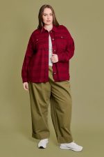 Plus Size Burgundy Flannel Button Front Chest Pocket Oversized Shacket - Image 5