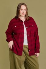 Plus Size Burgundy Flannel Button Front Chest Pocket Oversized Shacket