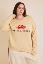 Plus Size Cream "Feeling Crabulous" Red Crab Knit Long Sleeve Sweater