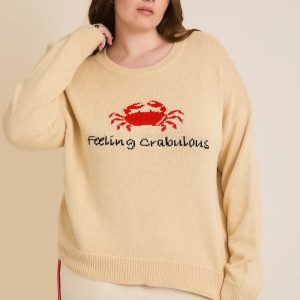 Plus Size Cream "Feeling Crabulous" Red Crab Knit Long Sleeve Sweater