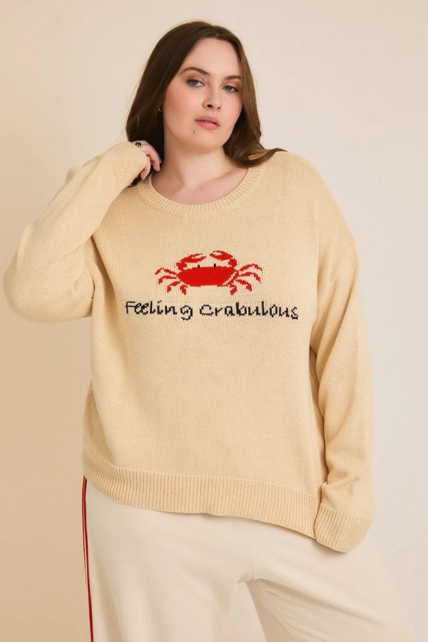 Plus Size Cream "Feeling Crabulous" Red Crab Knit Long Sleeve Sweater - Image 1