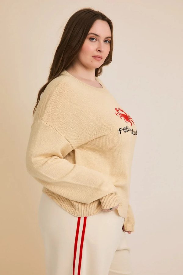 Plus Size Cream "Feeling Crabulous" Red Crab Knit Long Sleeve Sweater - Image 3