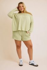 Sage Green Waffle Knit Oversized Long Sleeve Crew Neck Lounge Top - Image 6
