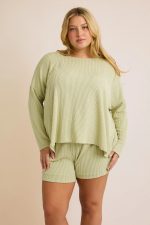 Sage Green Waffle Knit Oversized Long Sleeve Crew Neck Lounge Top