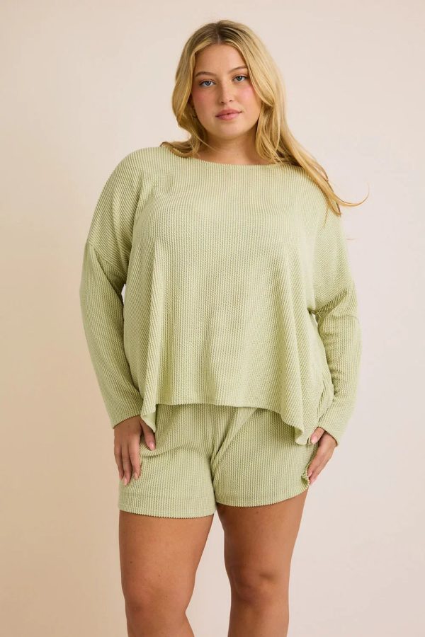 Sage Green Waffle Knit Oversized Long Sleeve Crew Neck Lounge Top - Image 1