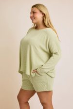 Sage Green Waffle Knit Oversized Long Sleeve Crew Neck Lounge Top - Image 3