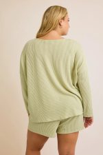 Sage Green Waffle Knit Oversized Long Sleeve Crew Neck Lounge Top - Image 2