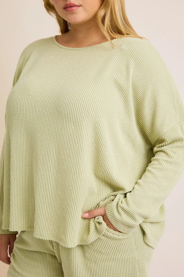Sage Green Waffle Knit Oversized Long Sleeve Crew Neck Lounge Top - Image 4