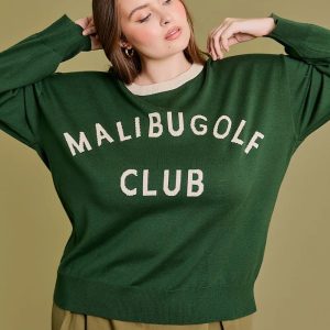 Plus Size "Malibu Golf Club" Graphic Knit Long Sleeve Crew Neck Relaxed Fit Sweater