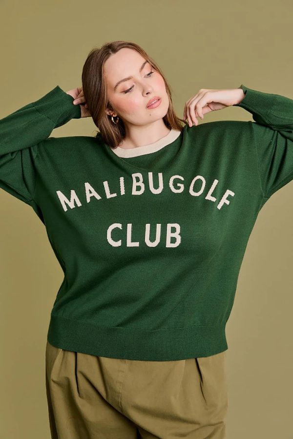 Plus Size "Malibu Golf Club" Graphic Knit Long Sleeve Crew Neck Relaxed Fit Sweater - Image 1