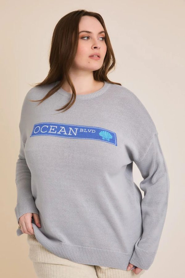 Plus Size "OCEAN BLVD" Graphic Knit Long Sleeve Crew Neck Boutique Sweater - Image 1