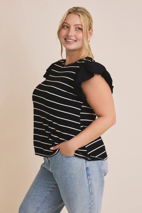 Plus Size Ruffle Sleeve Classic Black White Striped Flutter Knit Top - Image 10