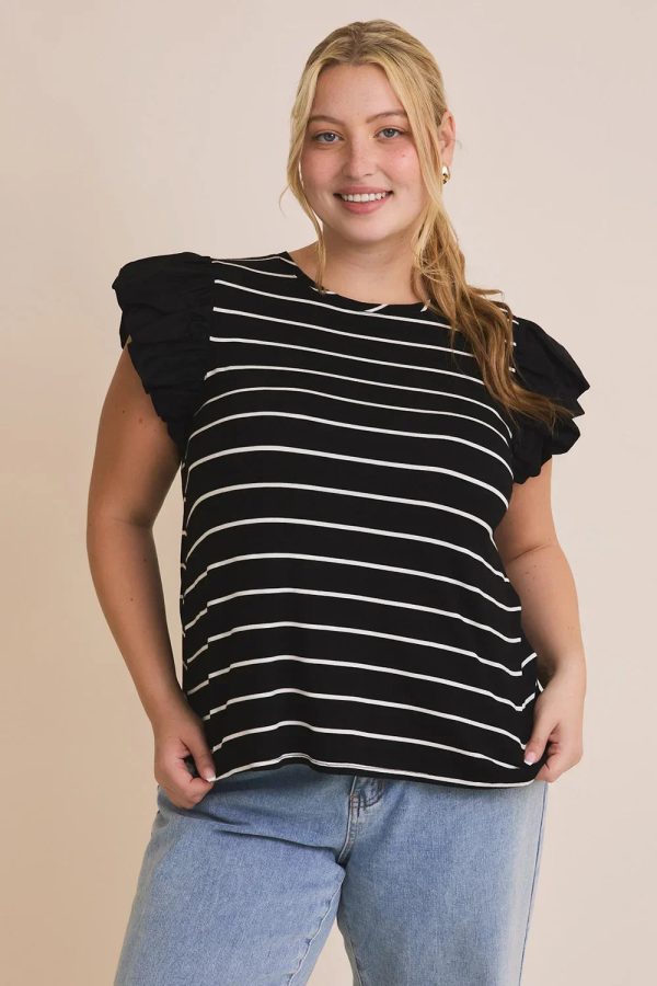 Plus Size Ruffle Sleeve Classic Black White Striped Flutter Knit Top - Image 1