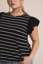 Plus Size Ruffle Sleeve Classic Black White Striped Flutter Knit Top - Image 2