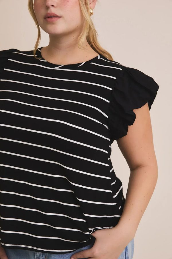 Plus Size Ruffle Sleeve Classic Black White Striped Flutter Knit Top - Image 2