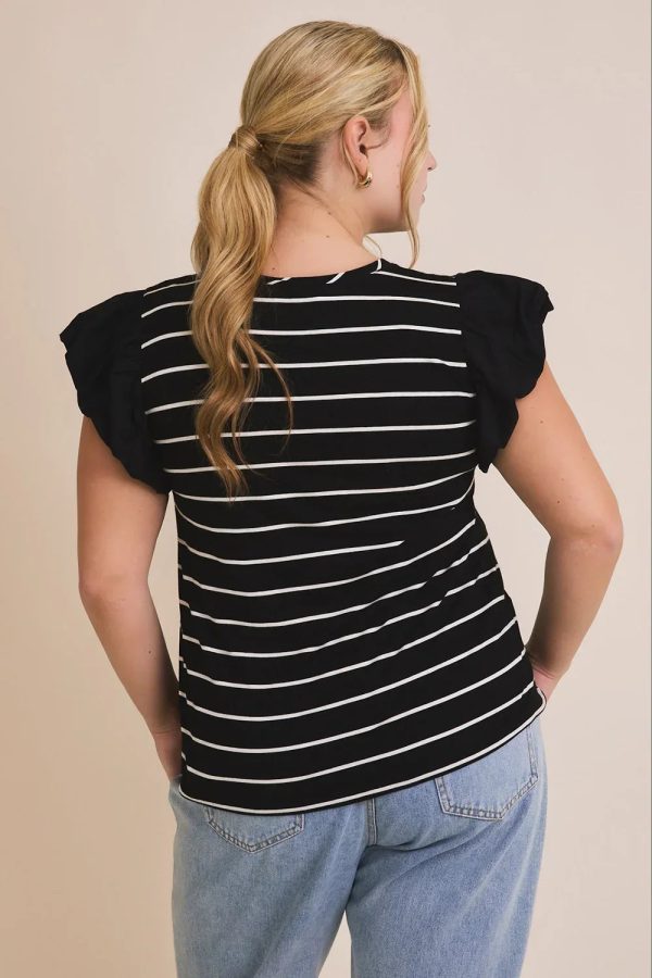 Plus Size Ruffle Sleeve Classic Black White Striped Flutter Knit Top - Image 9