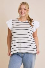 Plus Size Ruffle Sleeve Classic Black White Striped Flutter Knit Top - Image 4