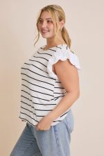 Plus Size Ruffle Sleeve Classic Black White Striped Flutter Knit Top - Image 6