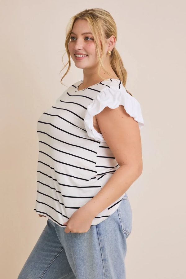 Plus Size Ruffle Sleeve Classic Black White Striped Flutter Knit Top - Image 6