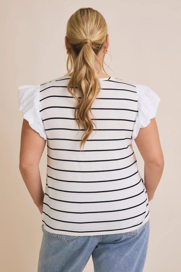 Plus Size Ruffle Sleeve Classic Black White Striped Flutter Knit Top - Image 5