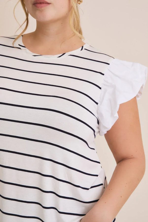 Plus Size Ruffle Sleeve Classic Black White Striped Flutter Knit Top - Image 7