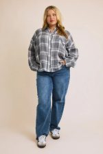 Plus Size Cotton Grey White Plaid Oversized Long Sleeve Button Down Shirt - Image 5