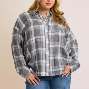 Plus Size Cotton Grey White Plaid Oversized Long Sleeve Button Down Shirt