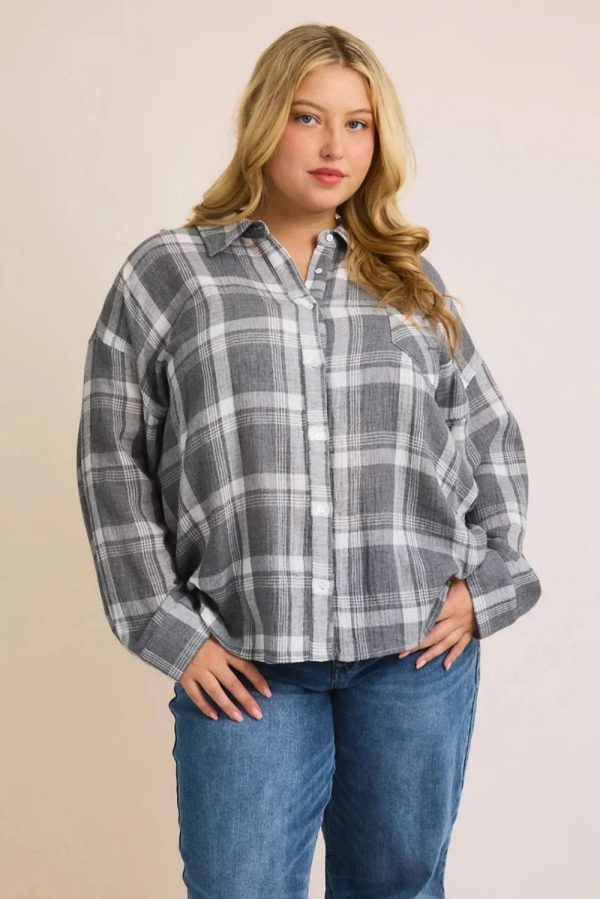 Plus Size Cotton Grey White Plaid Oversized Long Sleeve Button Down Shirt - Image 1