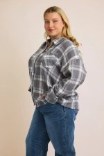 Plus Size Cotton Grey White Plaid Oversized Long Sleeve Button Down Shirt - Image 3