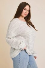 Plus Size Light Gray Heathered Soft Knit Long Sleeve Oversized Sweater Top - Image 3