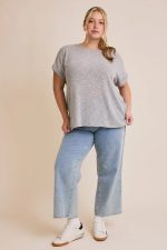 Plus Size Gray Knit Oversized Short Sleeve Lightweight Sweater Top - Image 5