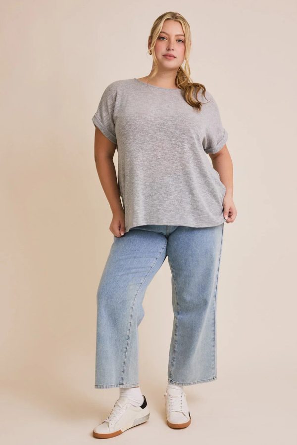 Plus Size Gray Knit Oversized Short Sleeve Lightweight Sweater Top - Image 5