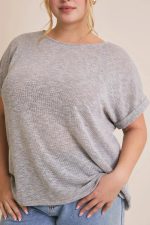 Plus Size Gray Knit Oversized Short Sleeve Lightweight Sweater Top - Image 4