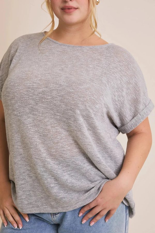 Plus Size Gray Knit Oversized Short Sleeve Lightweight Sweater Top - Image 4