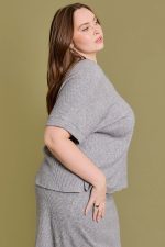 Plus Size Gray Ribbed Short Sleeve Crew Neck Relaxed Fit Knit Top - Image 3