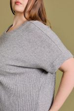 Plus Size Gray Ribbed Short Sleeve Crew Neck Relaxed Fit Knit Top - Image 4