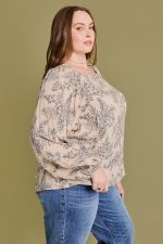 Plus Size Floral Print Square Neck Long Sleeve Peasant Blouse Top - Image 3