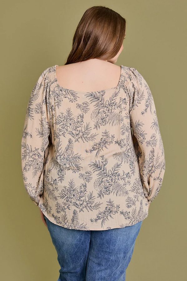 Plus Size Floral Print Square Neck Long Sleeve Peasant Blouse Top - Image 2