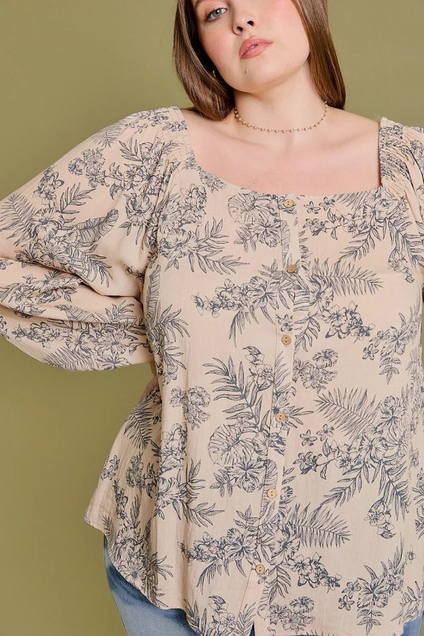 Plus Size Floral Print Square Neck Long Sleeve Peasant Blouse Top - Image 4