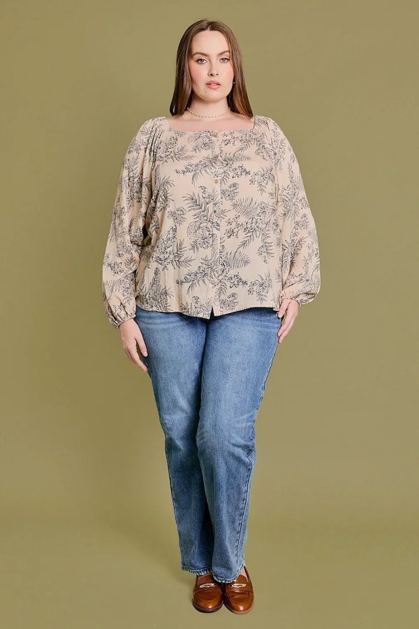 Plus Size Floral Print Square Neck Long Sleeve Peasant Blouse Top - Image 5