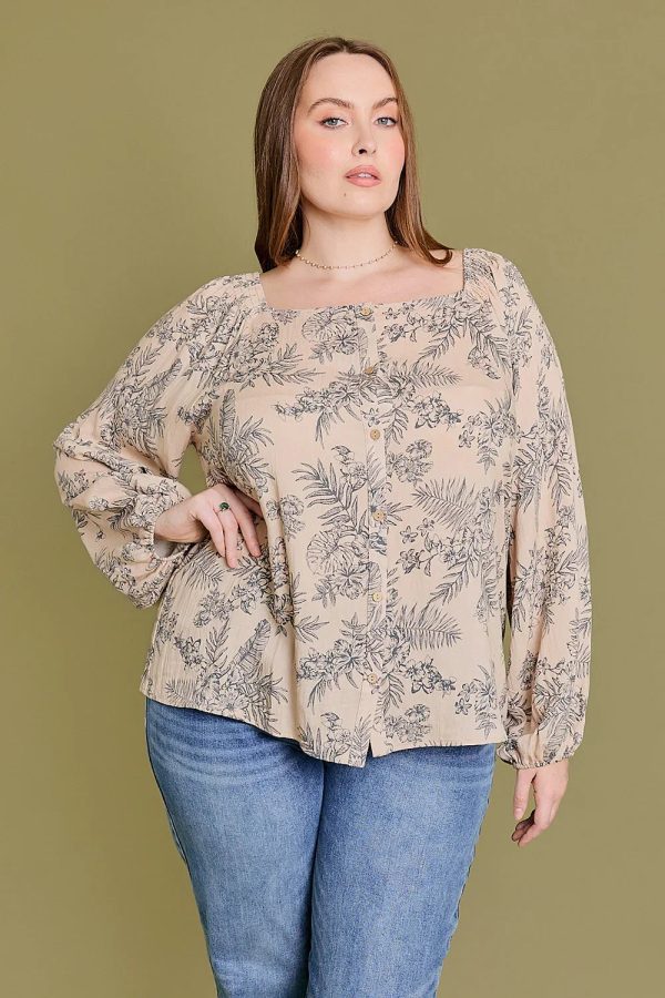 Plus Size Floral Print Square Neck Long Sleeve Peasant Blouse Top - Image 1