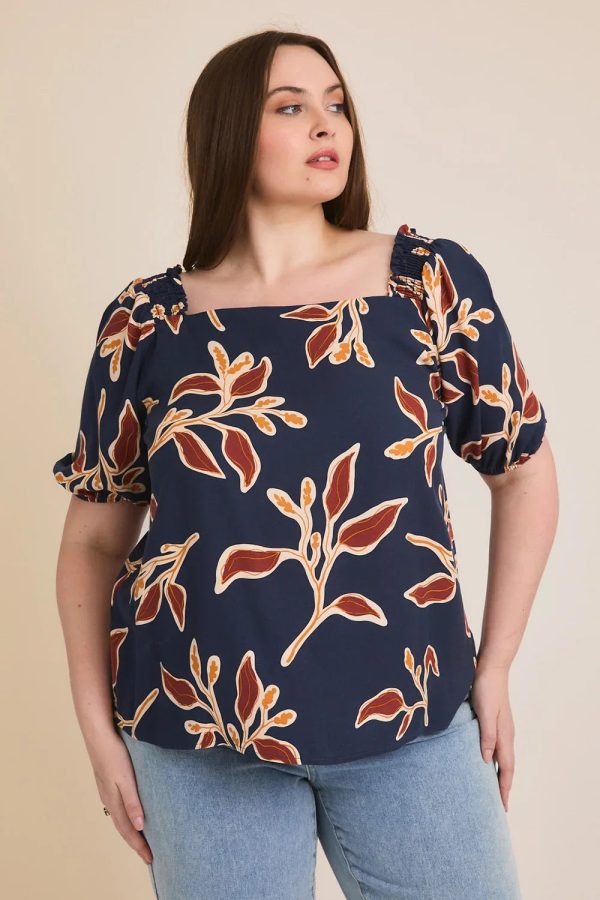 Plus Size Navy Floral Smocked Sleeve Boho Style Short Sleeve Blouse - Image 1