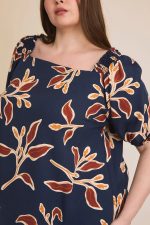 Plus Size Navy Floral Smocked Sleeve Boho Style Short Sleeve Blouse - Image 4