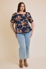 Plus Size Navy Floral Smocked Sleeve Boho Style Short Sleeve Blouse - Image 5
