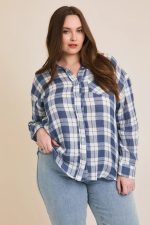 Plus Size Cotton Plaid Button Down Long Sleeve Lightweight Shirt