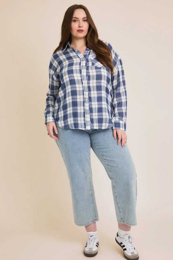 Plus Size Cotton Plaid Button Down Long Sleeve Lightweight Shirt - Image 5