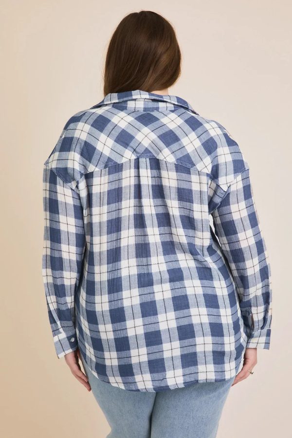 Plus Size Cotton Plaid Button Down Long Sleeve Lightweight Shirt - Image 2