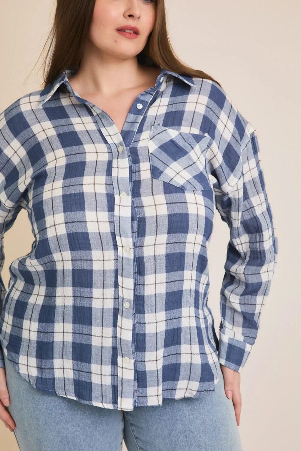 Plus Size Cotton Plaid Button Down Long Sleeve Lightweight Shirt - Image 4