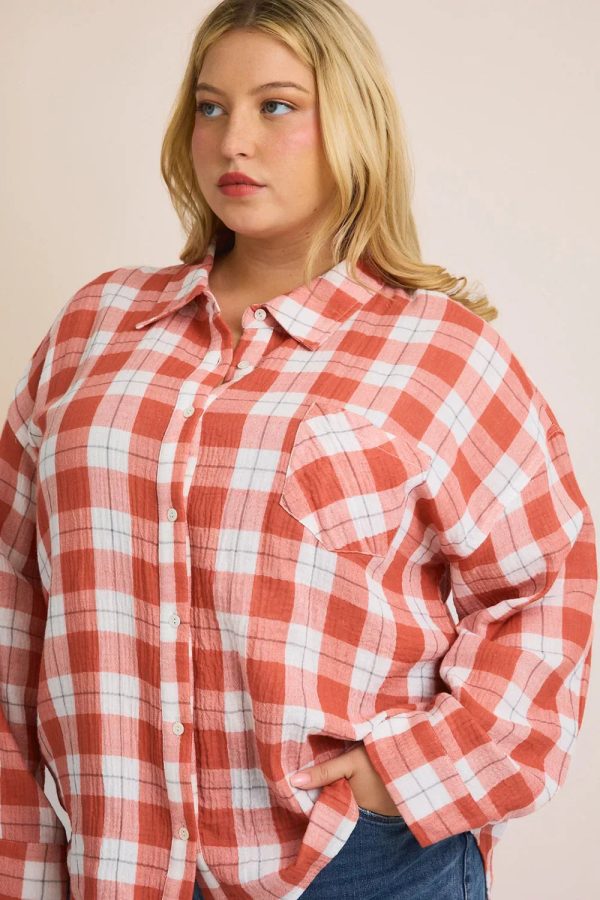 Plus Size Cotton Plaid Button Down Long Sleeve Lightweight Shirt - Image 9