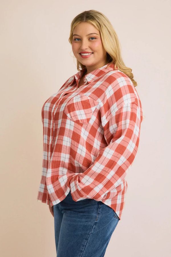 Plus Size Cotton Plaid Button Down Long Sleeve Lightweight Shirt - Image 8